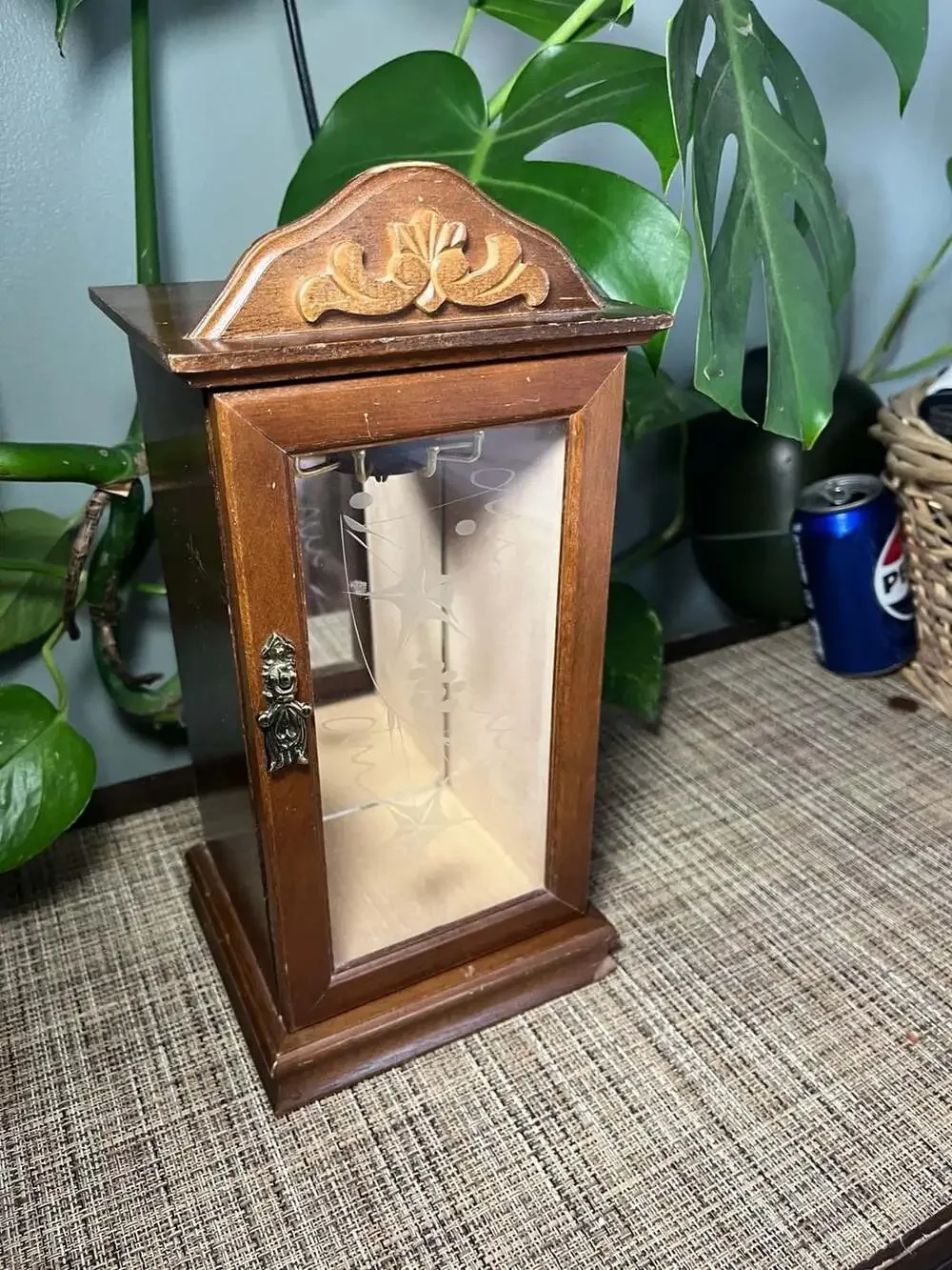 Vintage Wooden Jewelry Cabinet with Etched Glass Door